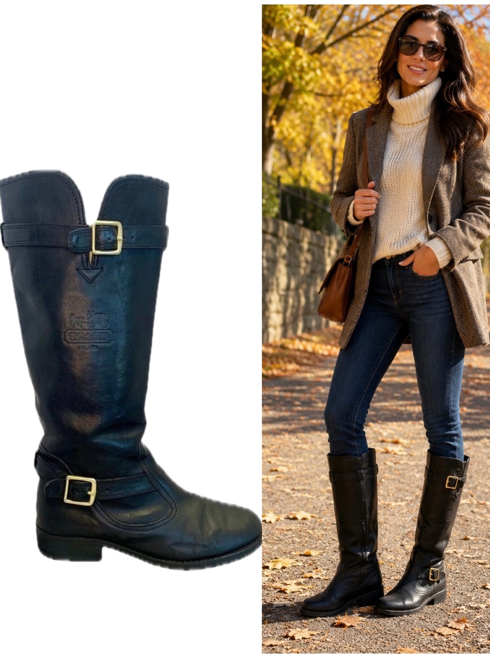 Coach Whitley Black Leather Riding Boots Gold Buckles Women’s Size 6